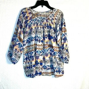 Tucker Size M Silk Multicolor Geo Print 3/4 Bishop Sleeve Button Up Blouse Top